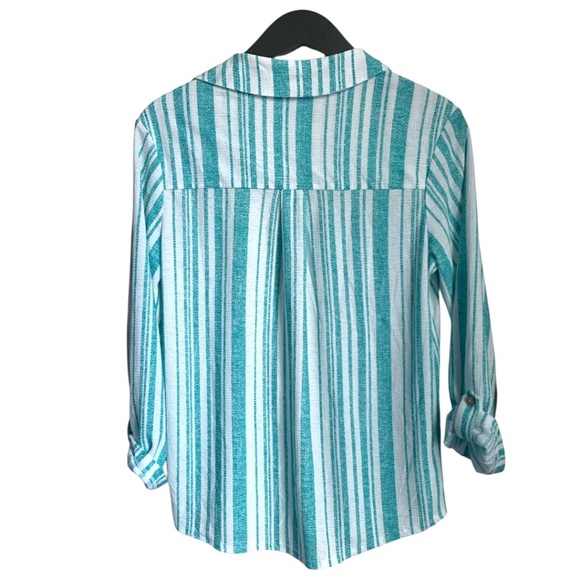 Tea, Please Women's Blouse Size Small Aqua White Stripes Shirt Tea Please - Picture 5 of 6